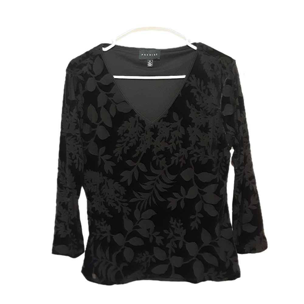 Premise Black Velvet V Neck Top Womens Medium